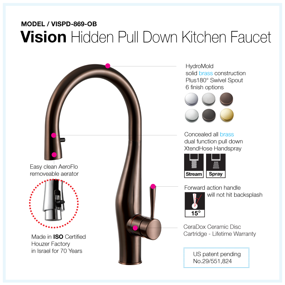 Houzer Vision Hidden Pull Down Kitchen Faucet Rubbed Bronze, VISPD-869-OB