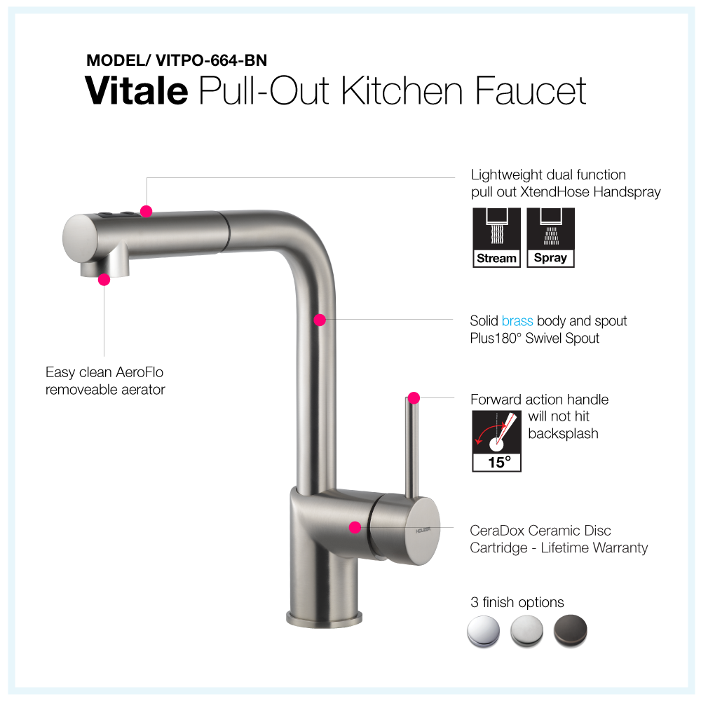 Houzer Vitale Pull Out Kitchen Faucet Brushed Nickel, VITPO-664-BN - The Sink Boutique