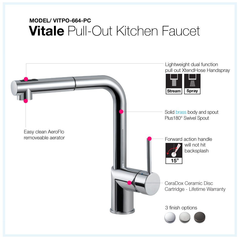 Houzer Vitale Pull Out Kitchen Faucet with CeraDox Technology Polished Chrome, VITPO-664-PC - The Sink Boutique
