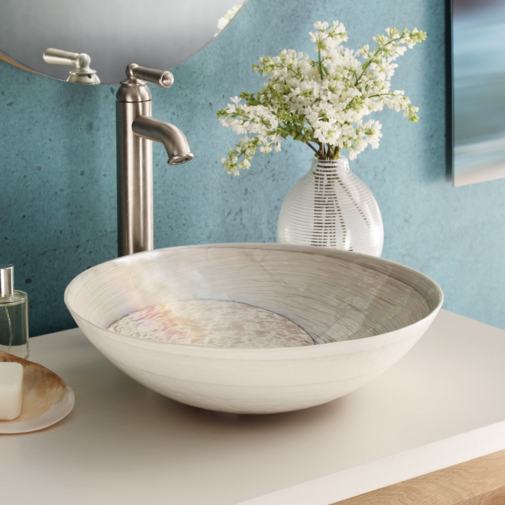 Native Trails Murano 16" Round Glass Vessel Bathroom Sink, Beachcomber, MG1717-BR