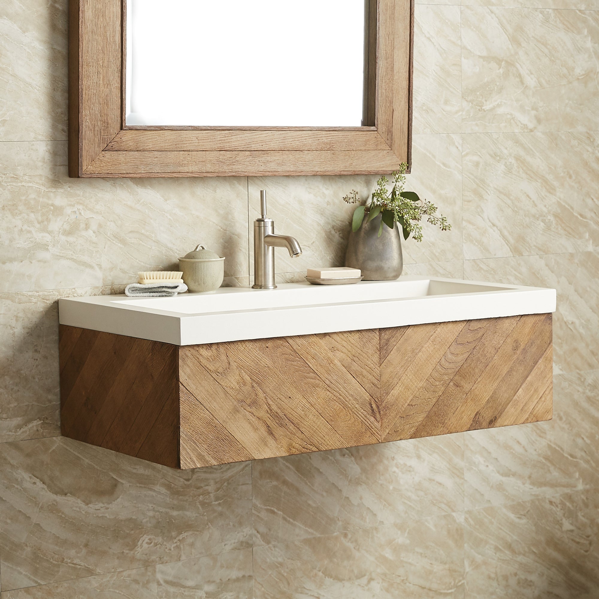Native Trails 36" Chardonnay Floating Vanity with NativeStone Trough Sink in Pearl, VNW191-NSL3619-P