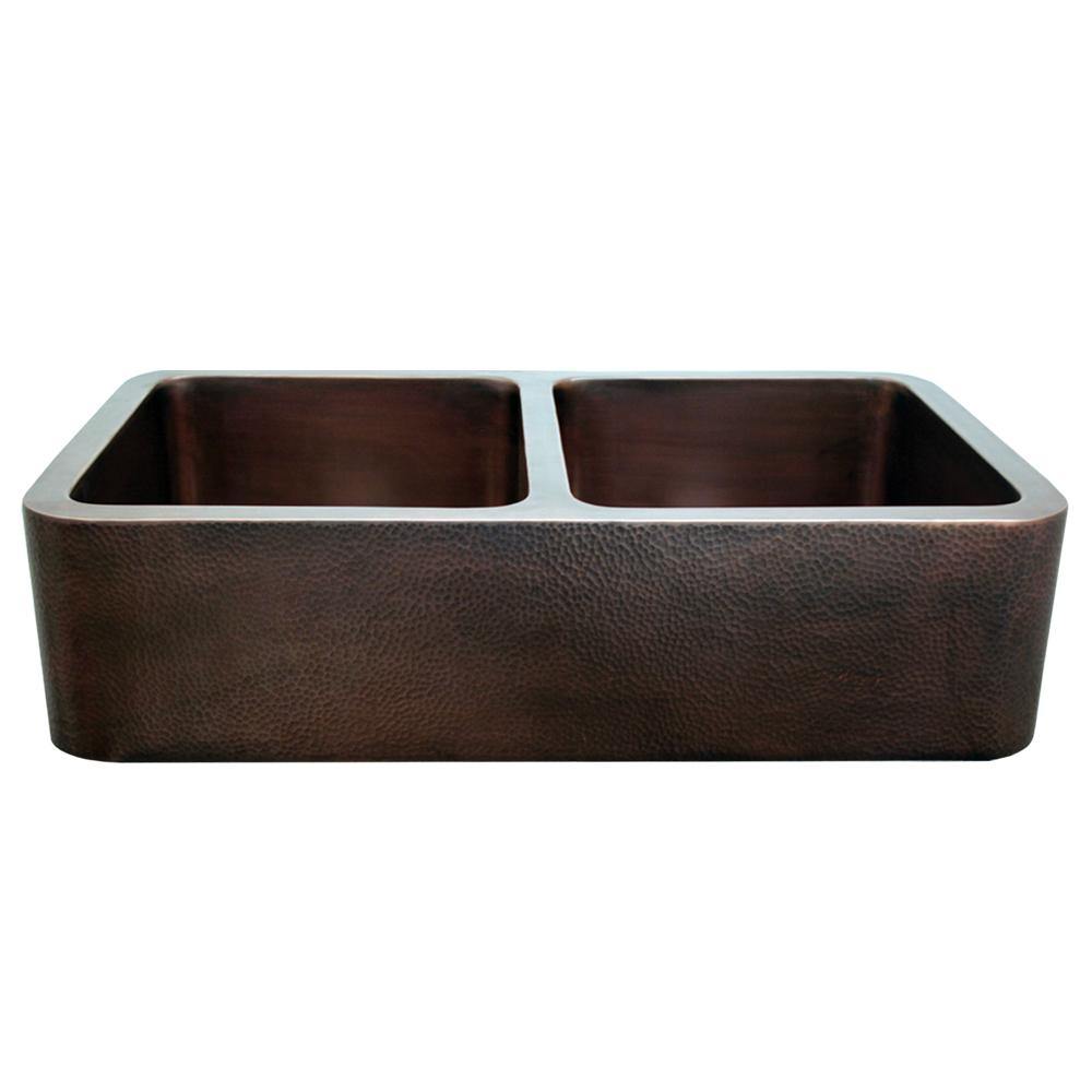 Whitehaus WH3621COFCD-OBH Copperhaus Rectangular Double Bowl Undermount Sink with Hammered Front Apron