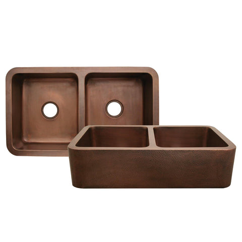Whitehaus WH3621COFCD-OCH Copperhaus Rectangular Double Bowl Undermount Sink with Hammered Front Apron