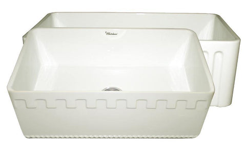 Whitehaus WHFLATN3018-BISCUIT Farmhaus Fireclay Reversible Sink with a Castlehaus Design Front Apron on One Side  and Fluted Front Apron on the Opposite Side