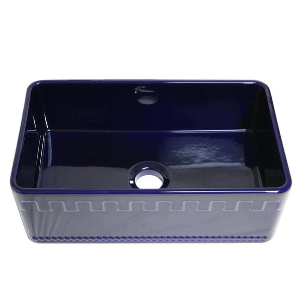 Whitehaus WHFLATN3018-BLUE Farmhaus Fireclay Reversible Sink with a Castlehaus Design Front Apron on One Side  and Fluted Front Apron on the Opposite Side
