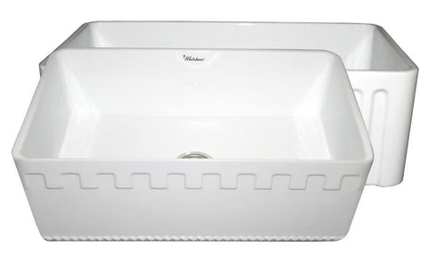 Whitehaus WHFLATN3018-WHITE Farmhaus Fireclay Reversible Sink with a Castlehaus Design Front Apron on One Side  and Fluted Front Apron on the Opposite Side