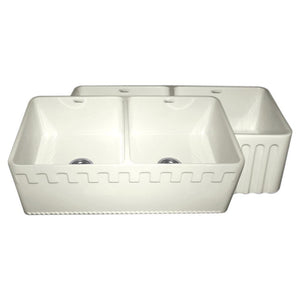 Alternate Image for Whitehaus 33" Fireclay Double Bowl Farmhouse Apron Sink, Reversible, Biscuit, WHFLATN3318
