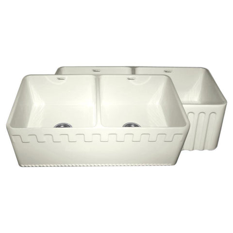 Whitehaus WHFLATN3318-BISCUIT Farmhaus Fireclay Reversible Double Bowl Sink with a Castlehaus Design Front Apron on One Side  and Fluted Front Apron on the Opposite Side