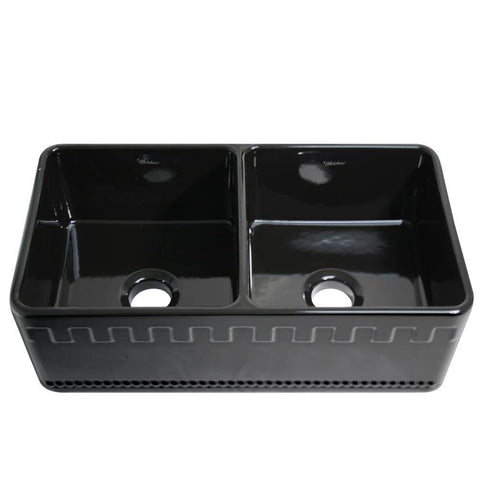 Whitehaus WHFLATN3318-BLACK Farmhaus Fireclay Reversible Double Bowl Sink with a Castlehaus Design Front Apron on One Side  and Fluted Front Apron on the Opposite Side