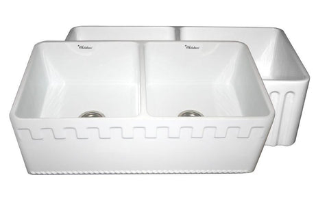 Whitehaus WHFLATN3318-WHITE Farmhaus Fireclay Reversible Double Bowl Sink with a Castlehaus Design Front Apron on One Side  and Fluted Front Apron on the Opposite Side