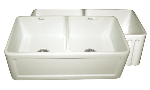 Whitehaus WHFLCON3318-BISCUIT Farmhaus Fireclay Reversible Double Bowl Sink with a Concave Front Apron on One Side and Fluted Front Apron on the Other