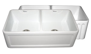 Alternate Image for Whitehaus 33" Fireclay Double Bowl Farmhouse Apron Sink, Reversible, White, WHFLCON3318