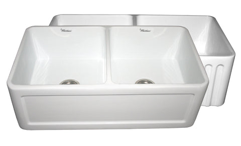 Whitehaus WHFLCON3318-WHITE Farmhaus Fireclay Reversible Double Bowl Sink with a Concave Front Apron on One Side and Fluted Front Apron on the Other