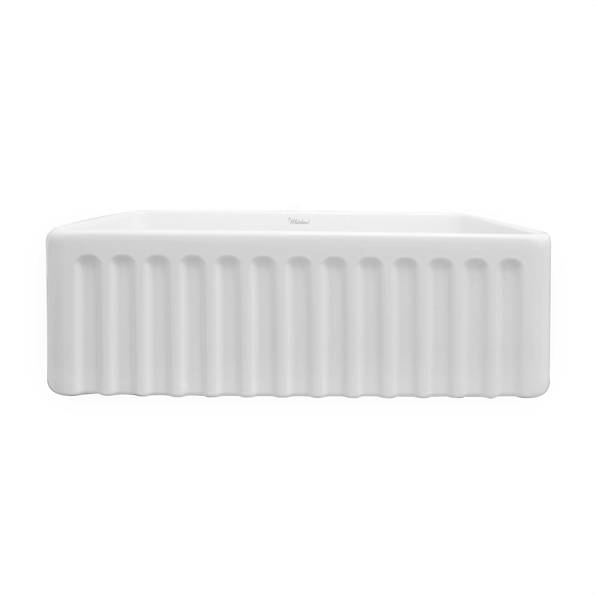 Whitehaus 30" Fireclay Farmhouse Sink, Single Bowl, White, WHFLGO3018-WHITE Fluted Front