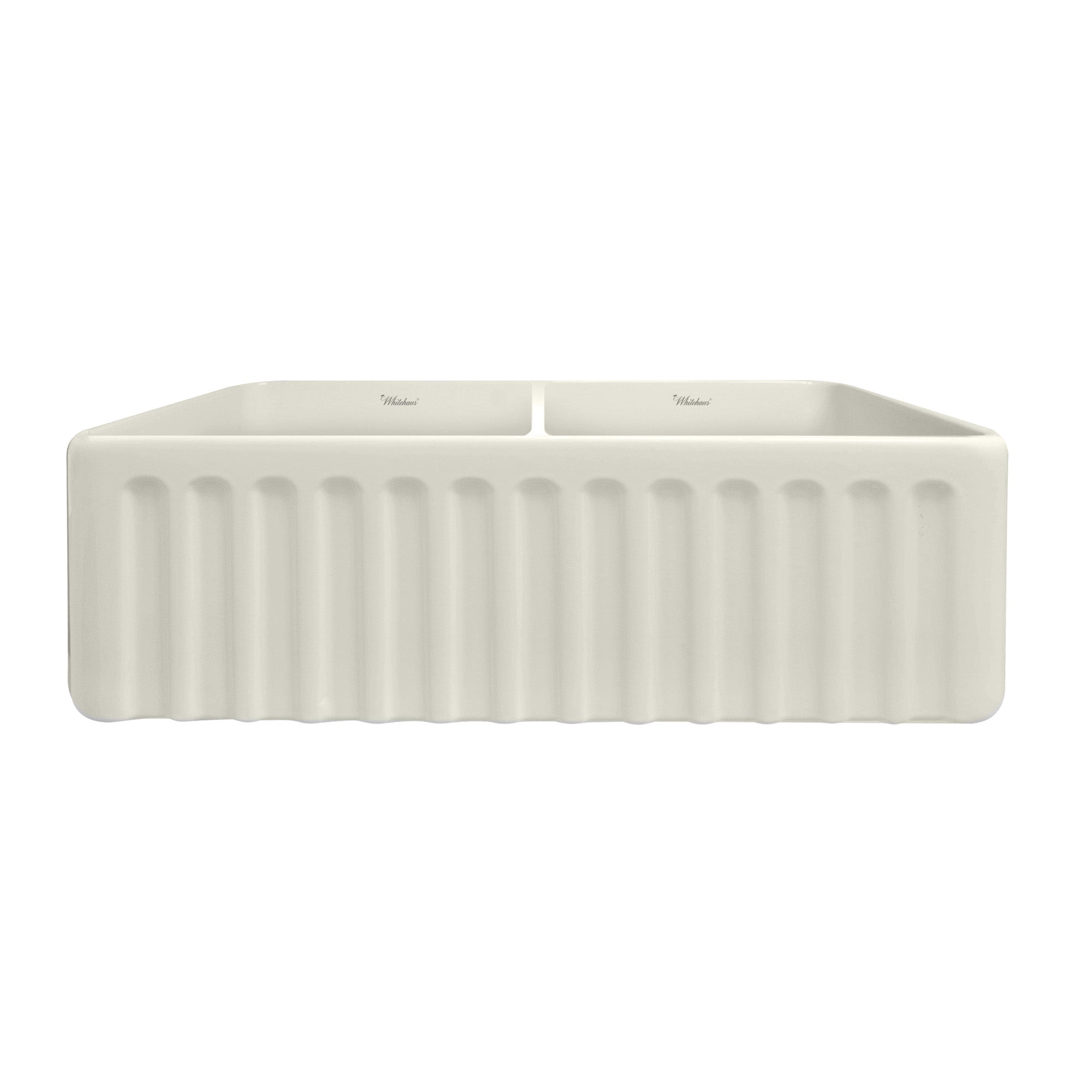 Whitehaus 33" Fireclay Double Bowl Farmhouse Apron Sink, Biscuit, WHFLGO3318-BISCUIT Fluted Front
