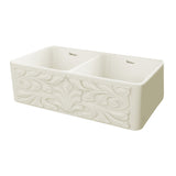 Whitehaus 33" Fireclay Double Bowl Farmhouse Apron Sink, Biscuit, WHFLGO3318-BISCUIT Angled View