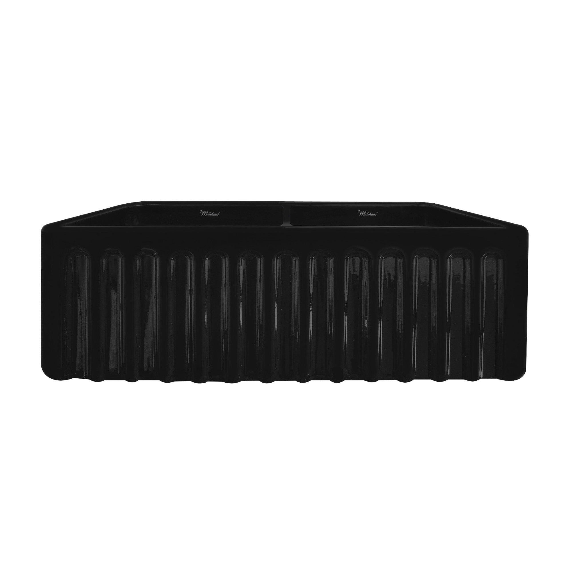 Whitehaus 33" Fireclay Double Bowl Farmhouse Apron Sink, Black, WHFLGO3318-BLACK Fluted Front