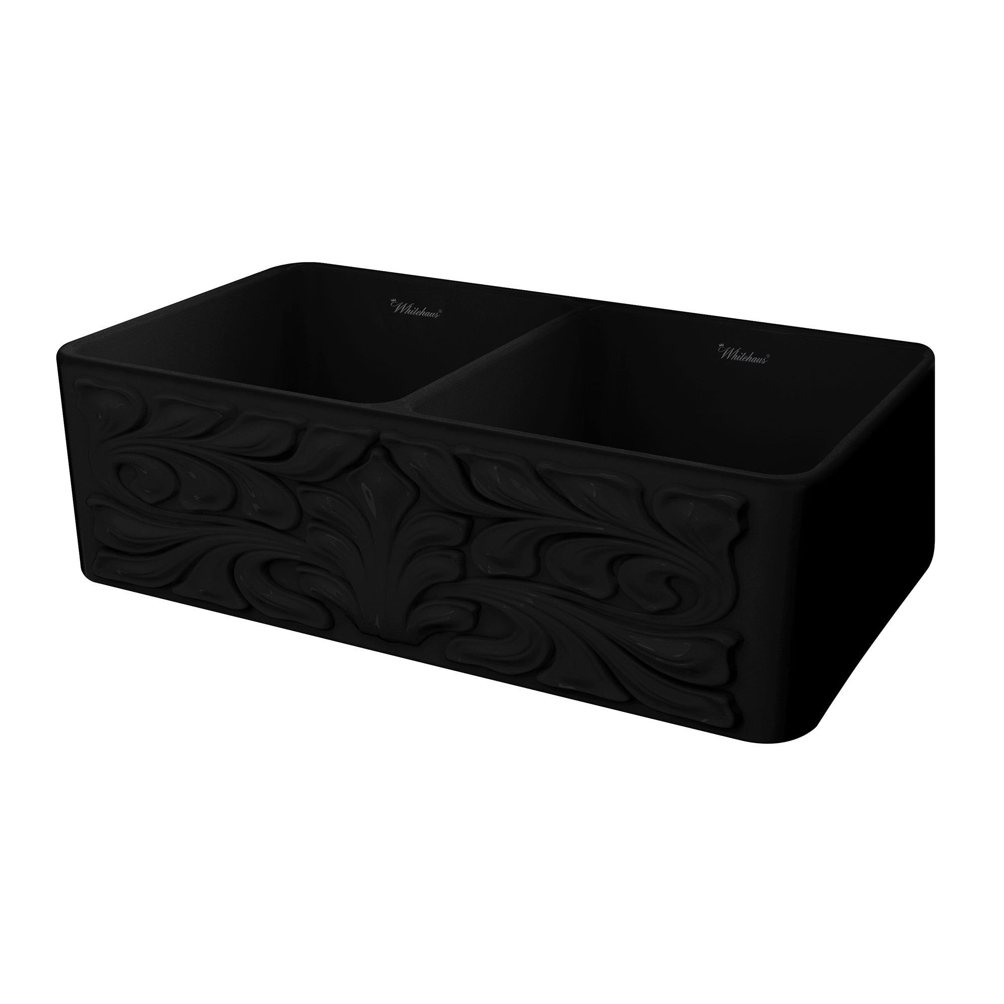 Whitehaus 33" Fireclay Double Bowl Farmhouse Apron Sink, Black, WHFLGO3318-BLACK Angled View