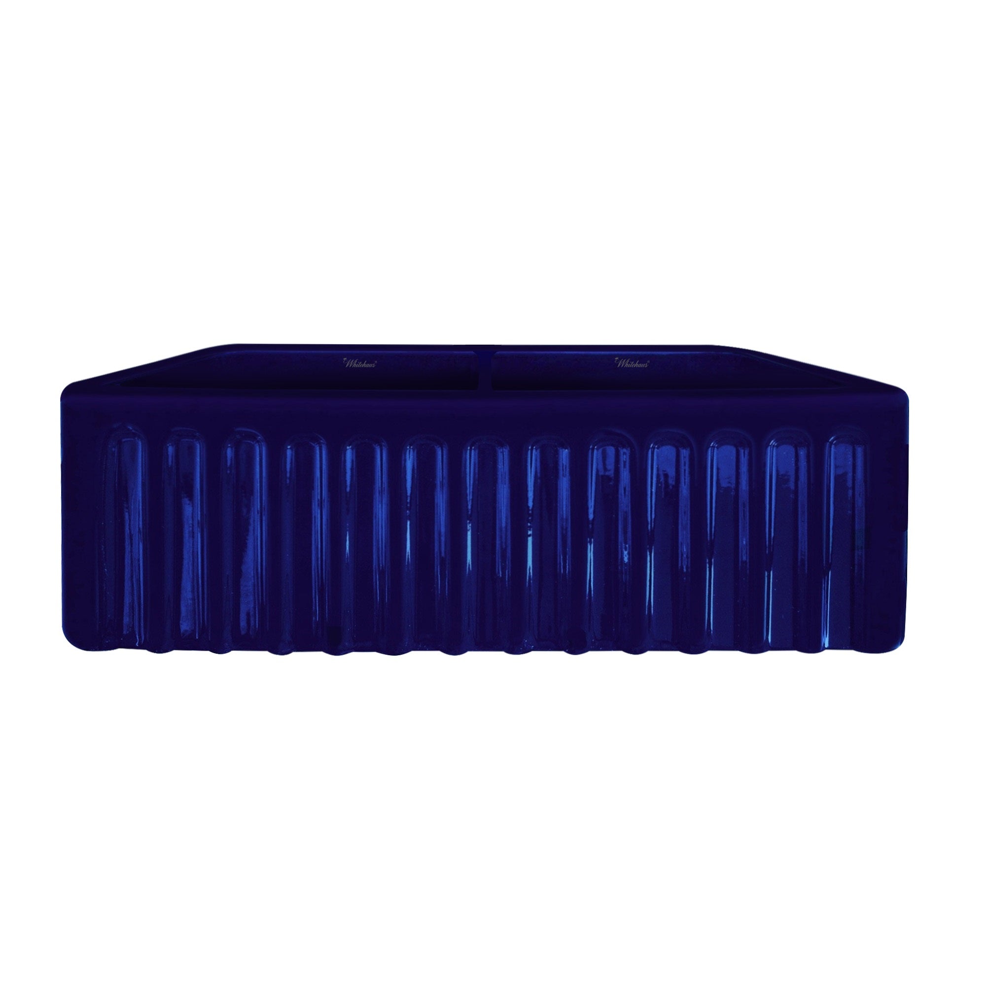 Whitehaus 33" Fireclay Double Bowl Farmhouse Apron Sink, Blue, WHFLGO3318-BLUE Fluted Front