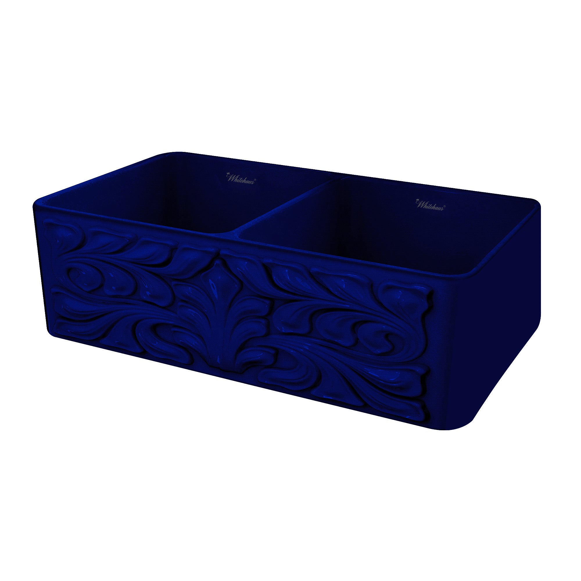 Whitehaus 33" Fireclay Double Bowl Farmhouse Apron Sink, Blue, WHFLGO3318-BLUE Angled Front