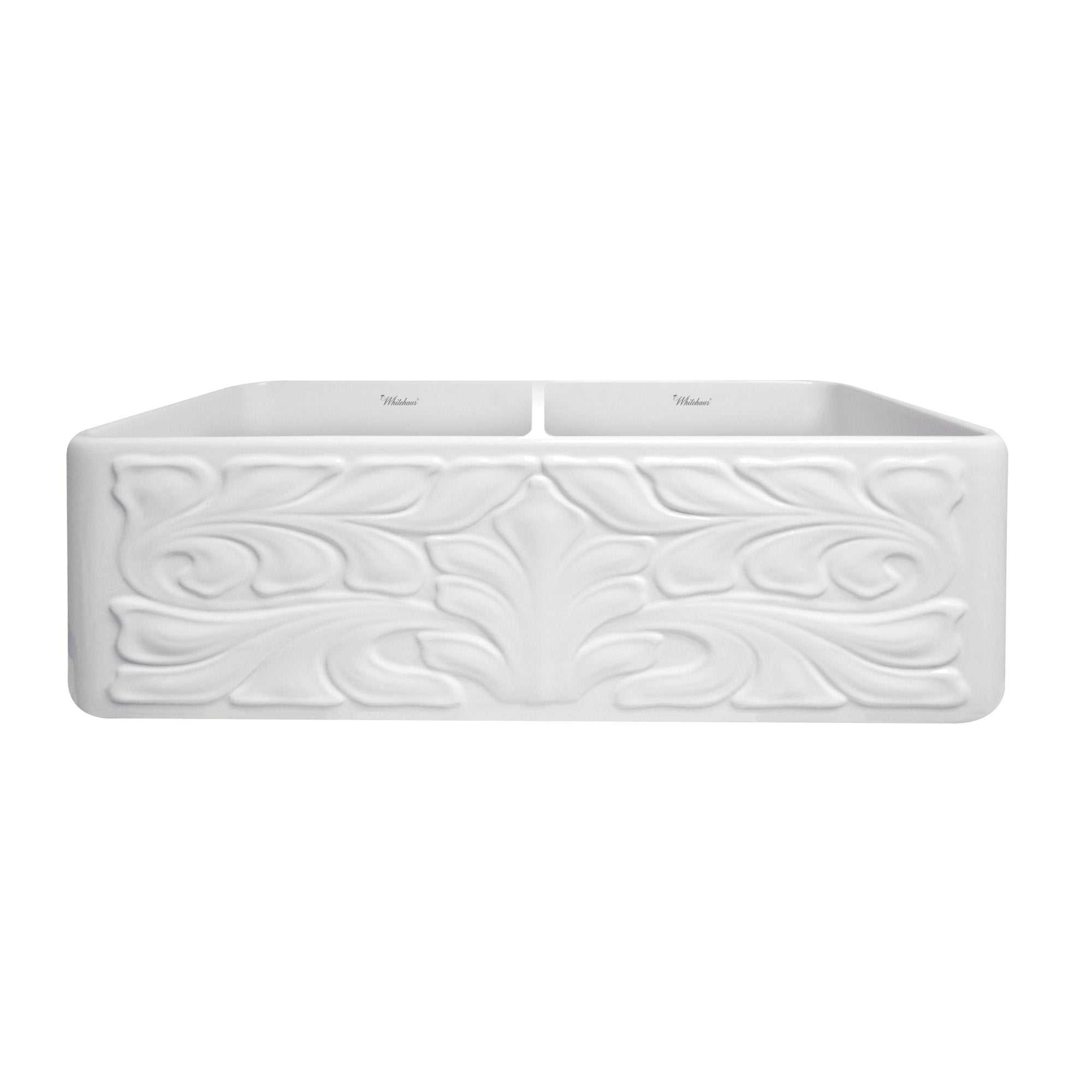 Whitehaus 33" Fireclay Double Bowl Farmhouse Apron Sink, White, WHFLGO3318-WHITE Design Front