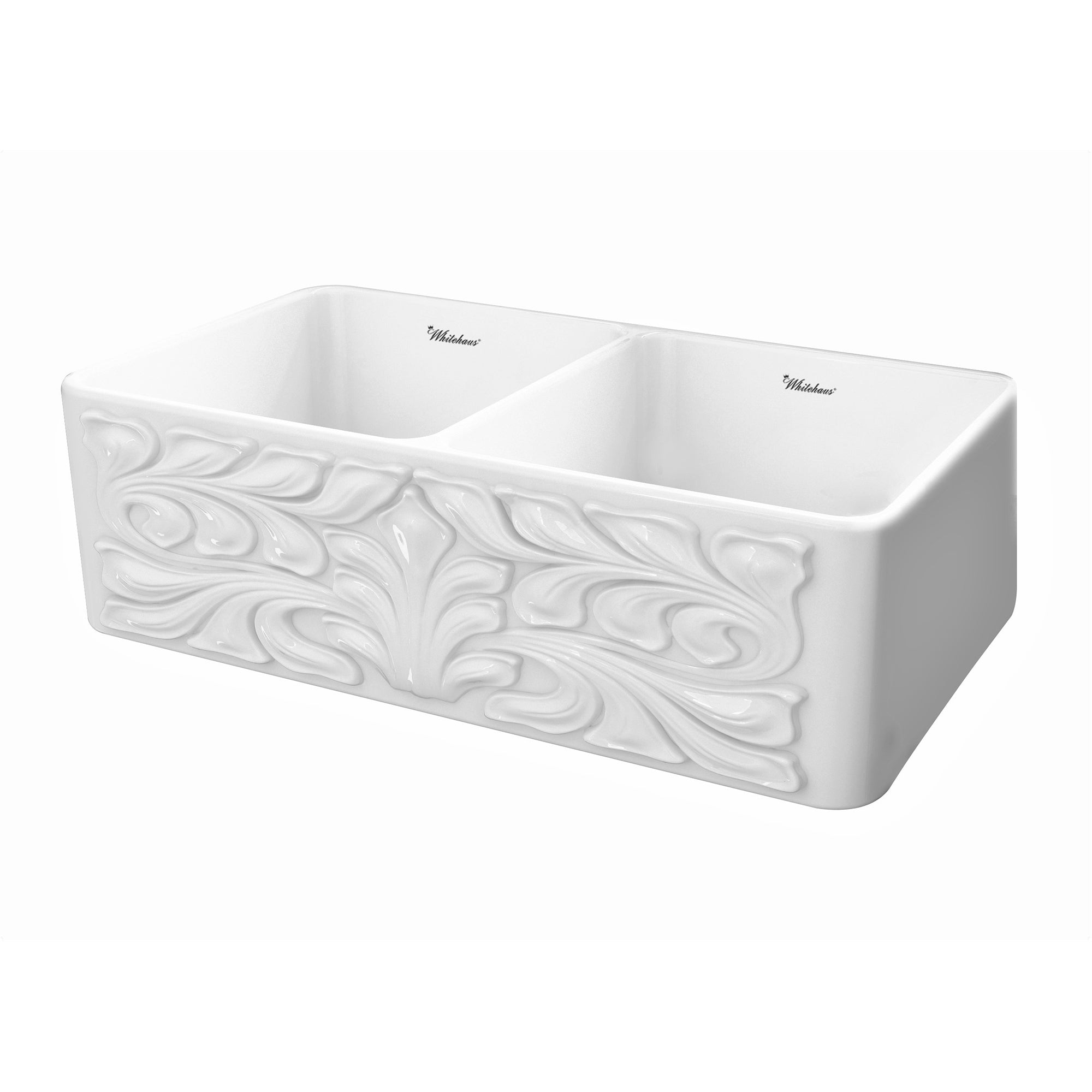 Whitehaus 33" Fireclay Double Bowl Farmhouse Apron Sink, White, WHFLGO3318-WHITE Angled Front