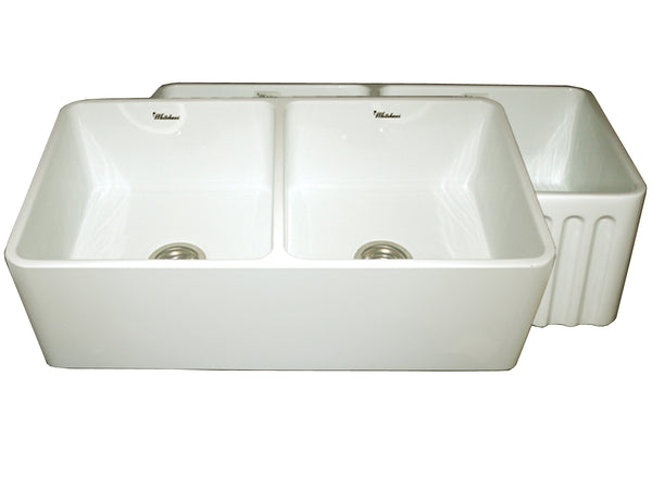 Whitehaus WHFLPLN3318-BISCUIT Farmhaus Fireclay Reversible Double Bowl Kitchen Sink with Smooth Front Apron on One Side  and Fluted Front Apron on the Opposite Side