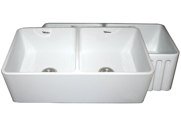 Whitehaus WHFLPLN3318-WHITE Farmhaus Fireclay Reversible Double Bowl Kitchen Sink with Smooth Front Apron on One Side  and Fluted Front Apron on the Opposite Side