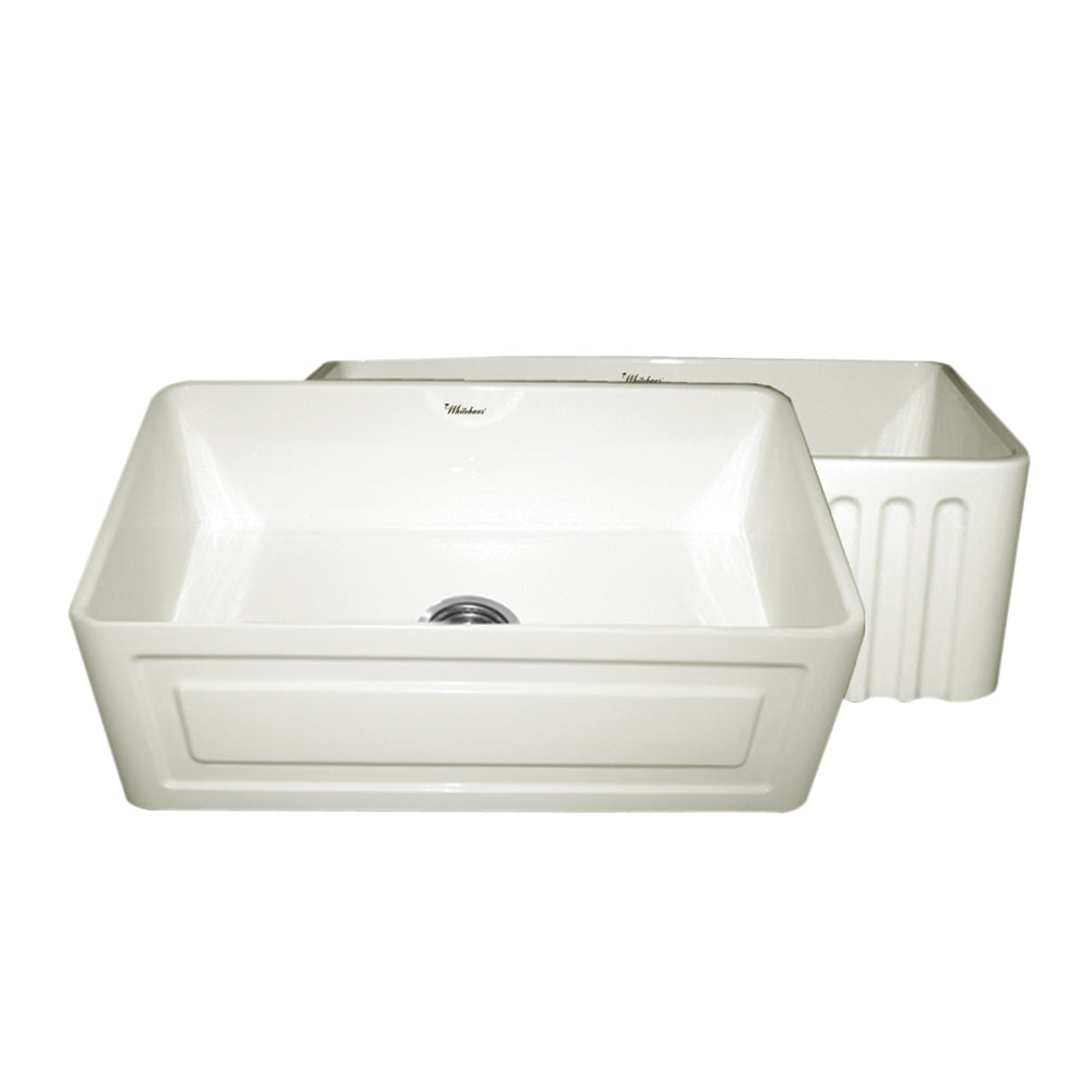 Whitehaus WHFLRPL3018-BISCUIT Farmhaus Fireclay Reversible Sink with a Raised Panel Front Apron on One Side and Fluted Front Apron on the Opposite Side