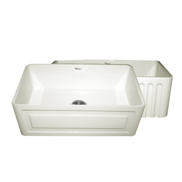 Whitehaus WHFLRPL3018-BISCUIT Farmhaus Fireclay Reversible Sink with a Raised Panel Front Apron on One Side and Fluted Front Apron on the Opposite Side