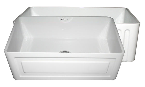 Whitehaus WHFLRPL3018-WHITE Farmhaus Fireclay Reversible Sink with a Raised Panel Front Apron on One Side and Fluted Front Apron on the Opposite Side