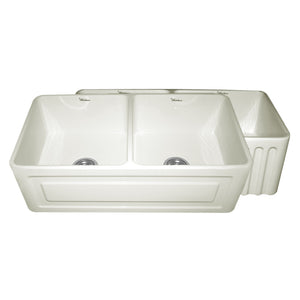 Alternate Image for Whitehaus 33" Fireclay Double Bowl Farmhouse Apron Sink, Reversible, Biscuit, WHFLRPL3318