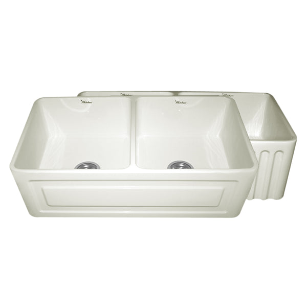Whitehaus WHFLRPL3318-BISCUIT Farmhaus Fireclay Reversible Double Bowl Sink with a Raised Panel Front Apron on One Side and Fluted Front Apron on the Opposite Side
