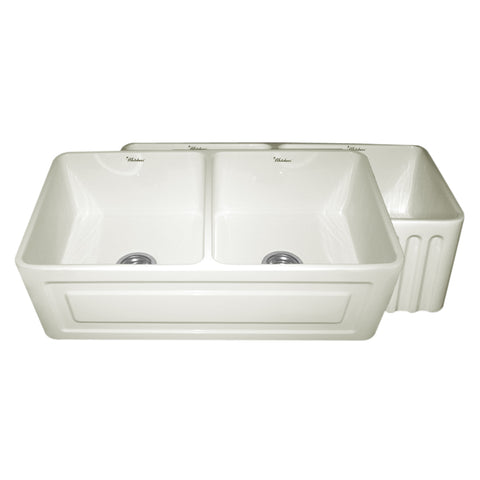 Whitehaus WHFLRPL3318-BISCUIT Farmhaus Fireclay Reversible Double Bowl Sink with a Raised Panel Front Apron on One Side and Fluted Front Apron on the Opposite Side