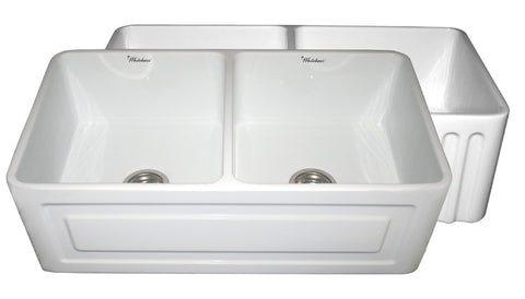 Whitehaus WHFLRPL3318-WHITE Farmhaus Fireclay Reversible Double Bowl Sink with a Raised Panel Front Apron on One Side and Fluted Front Apron on the Opposite Side