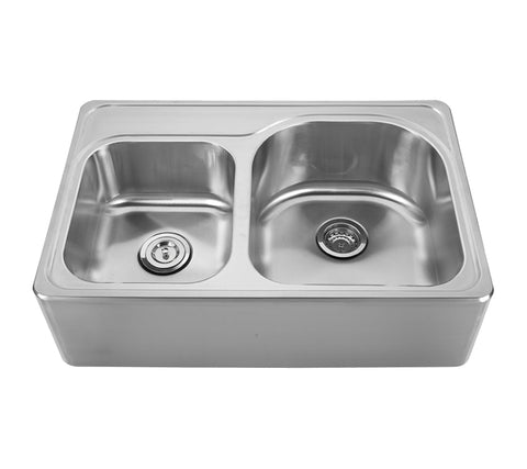 Whitehaus WHNAPD3322 Noah's Collection Brushed Stainless Steel Double Bowl Drop-in Sink with a Seamless Customized Front Apron