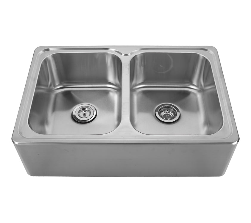 Whitehaus WHNAPEQ3322 Noah's Collection Brushed Stainless Steel Double Bowl Drop-in Sink with a Seamless Customized Front Apron