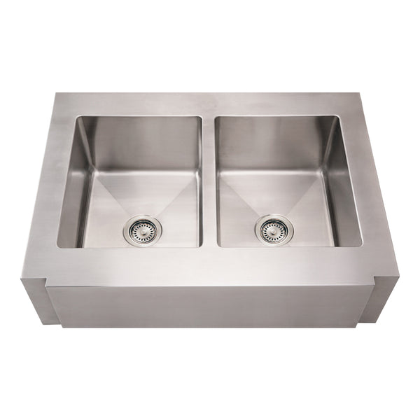 Whitehaus WHNCMAP3621EQ Noah's Collection Brushed Stainless Steel Commercial Double Bowl Sink with a Decorative Notched Front Apron