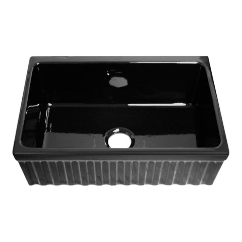 Whitehaus WHQ330-BLACK Farmhaus Fireclay Quatro Alcove Reversible Sink with a Fluted Front Apron and Decorative 2 1/2" Lip on One Side and 2" Lip on the Opposite Side