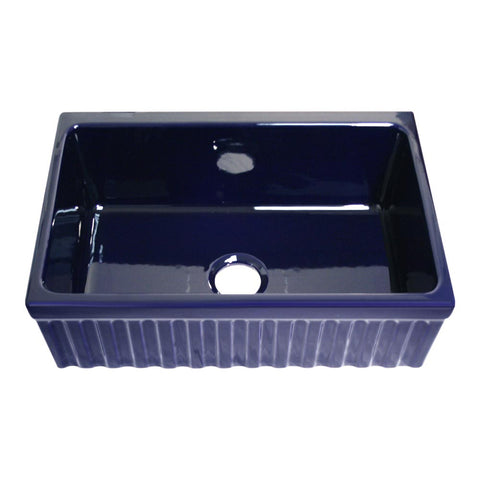 Whitehaus WHQ330-BLUE Farmhaus Fireclay Quatro Alcove Reversible Sink with a Fluted Front Apron and Decorative 2 1/2" Lip on One Side and 2" Lip on the Opposite Side