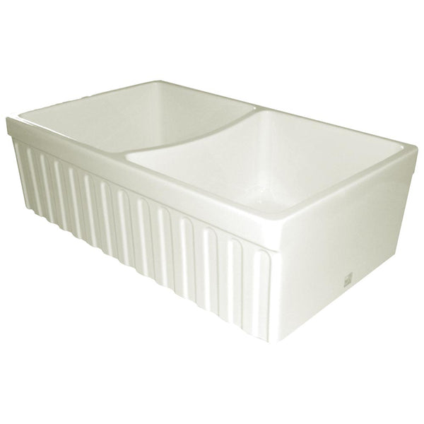 Whitehaus WHQDB332-BISCUIT Farmhaus Fireclay Quatro Alcove Reversible Double Bowl Sink with a Fluted Front Apron and 2" Lip on One Side and 2 " Lip on the Opposite Side