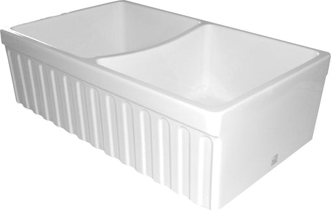 Whitehaus WHQDB332-WHITE Farmhaus Fireclay Quatro Alcove Reversible Double Bowl Sink with a Fluted Front Apron and 2" Lip on One Side and 2 " Lip on the Opposite Side