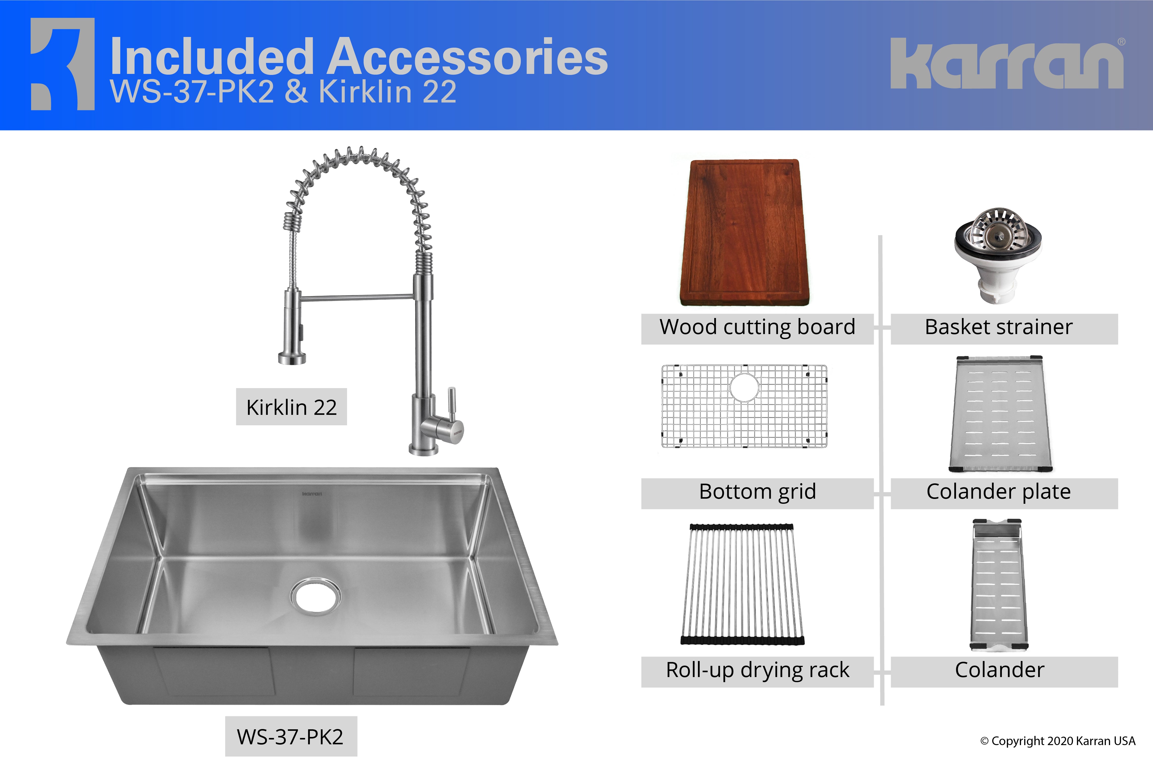 Karran 32" Undermount Stainless Steel Workstation Kitchen Sink with Faucet and Accessories, 16 Gauge, WS-37-PK2