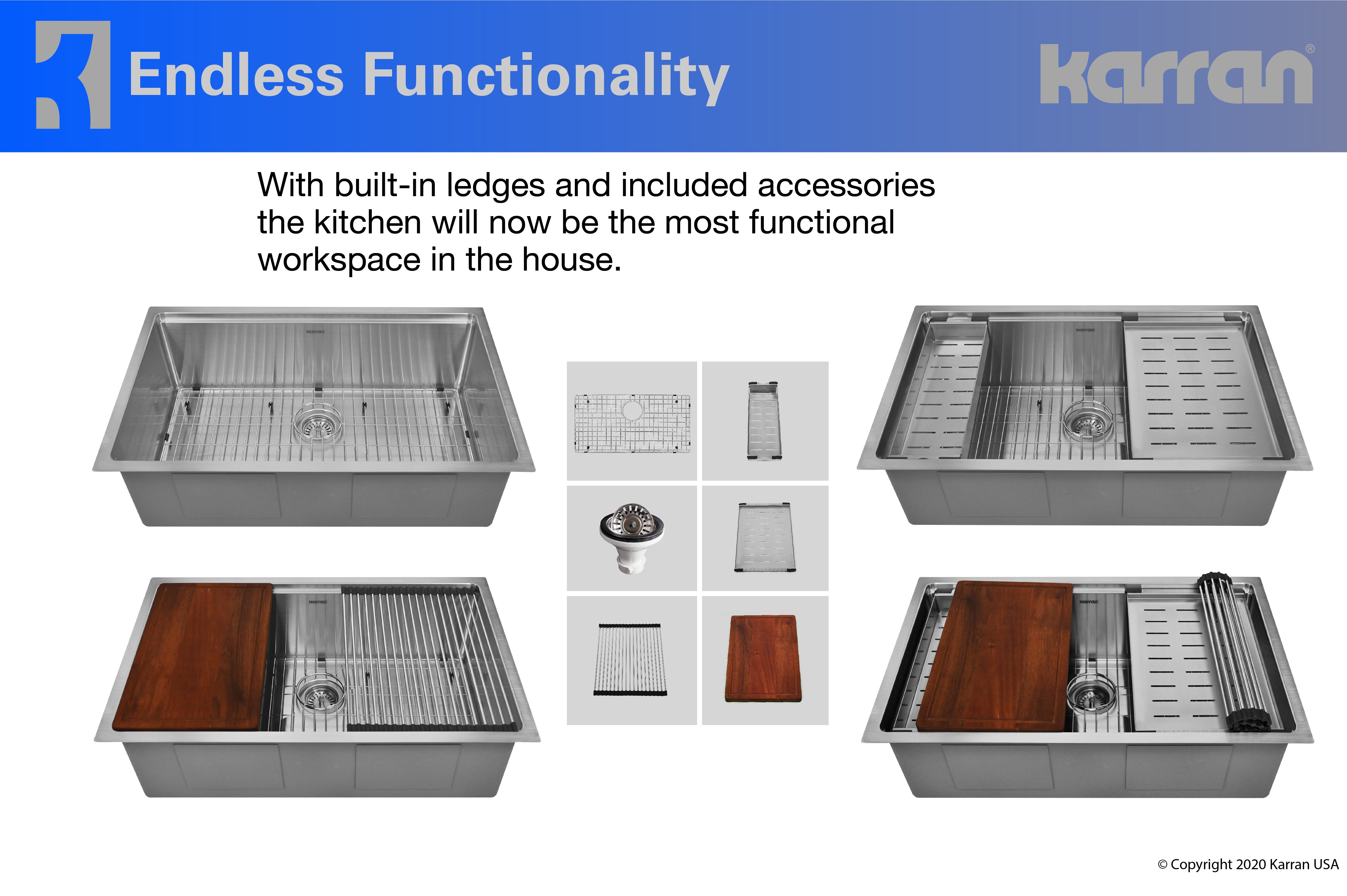 Karran 32" Undermount Stainless Steel Workstation Kitchen Sink with Faucet and Accessories, 16 Gauge, WS-37-PK2