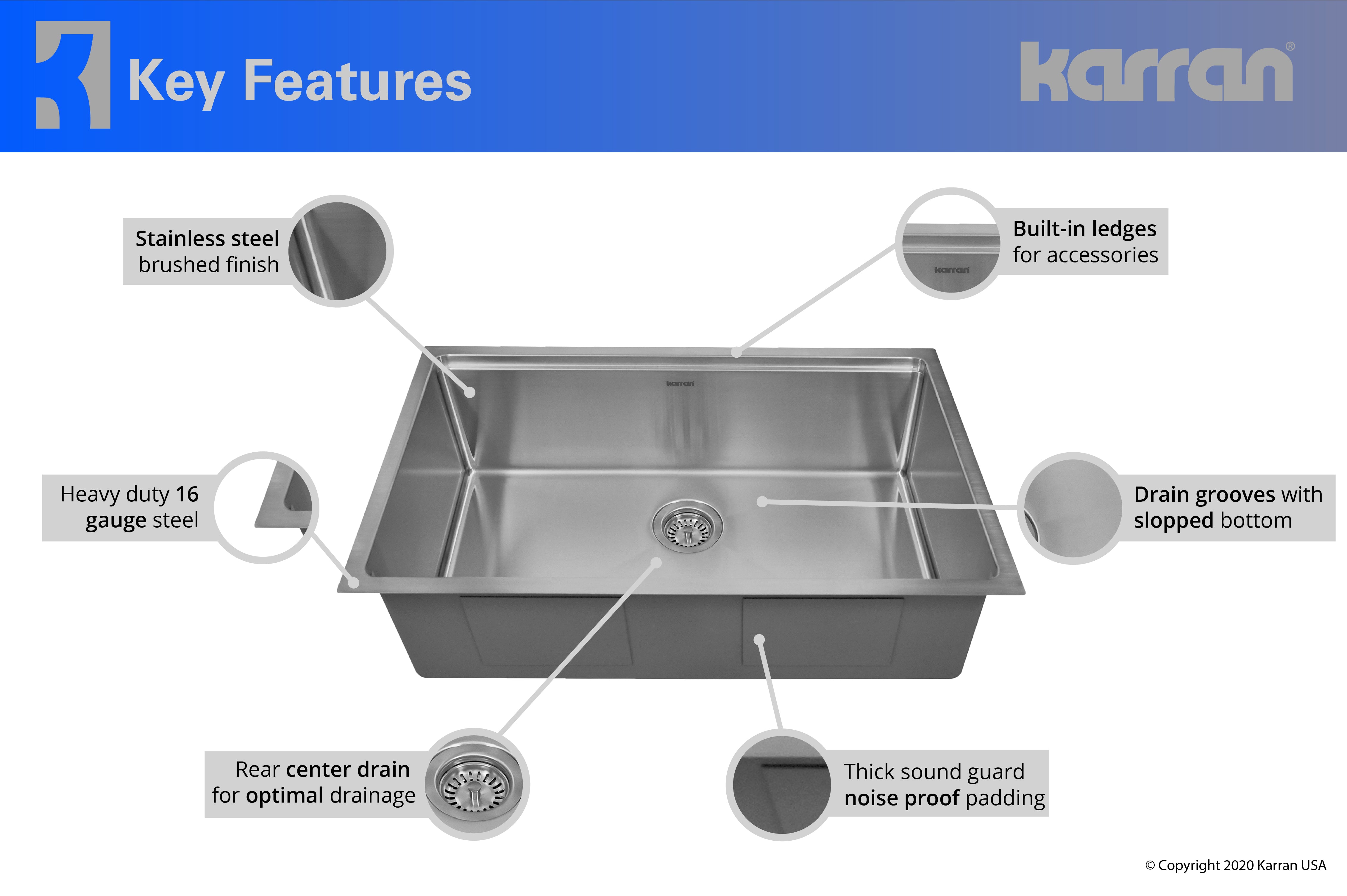 Karran 32" Undermount Stainless Steel Workstation Kitchen Sink with Faucet and Accessories, 16 Gauge, WS-37-PK2