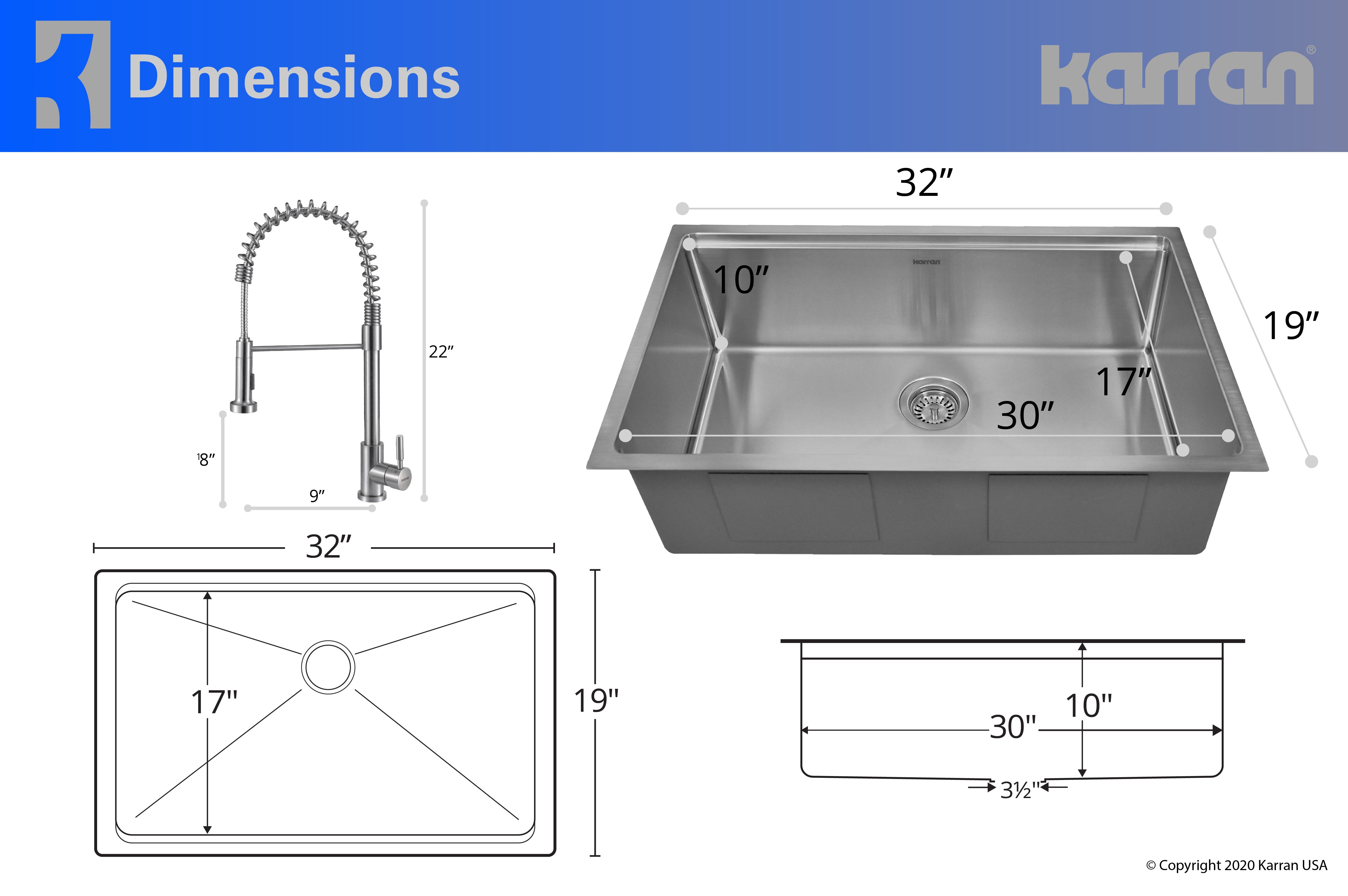 Karran 32" Undermount Stainless Steel Workstation Kitchen Sink with Faucet and Accessories, 16 Gauge, WS-37-PK2