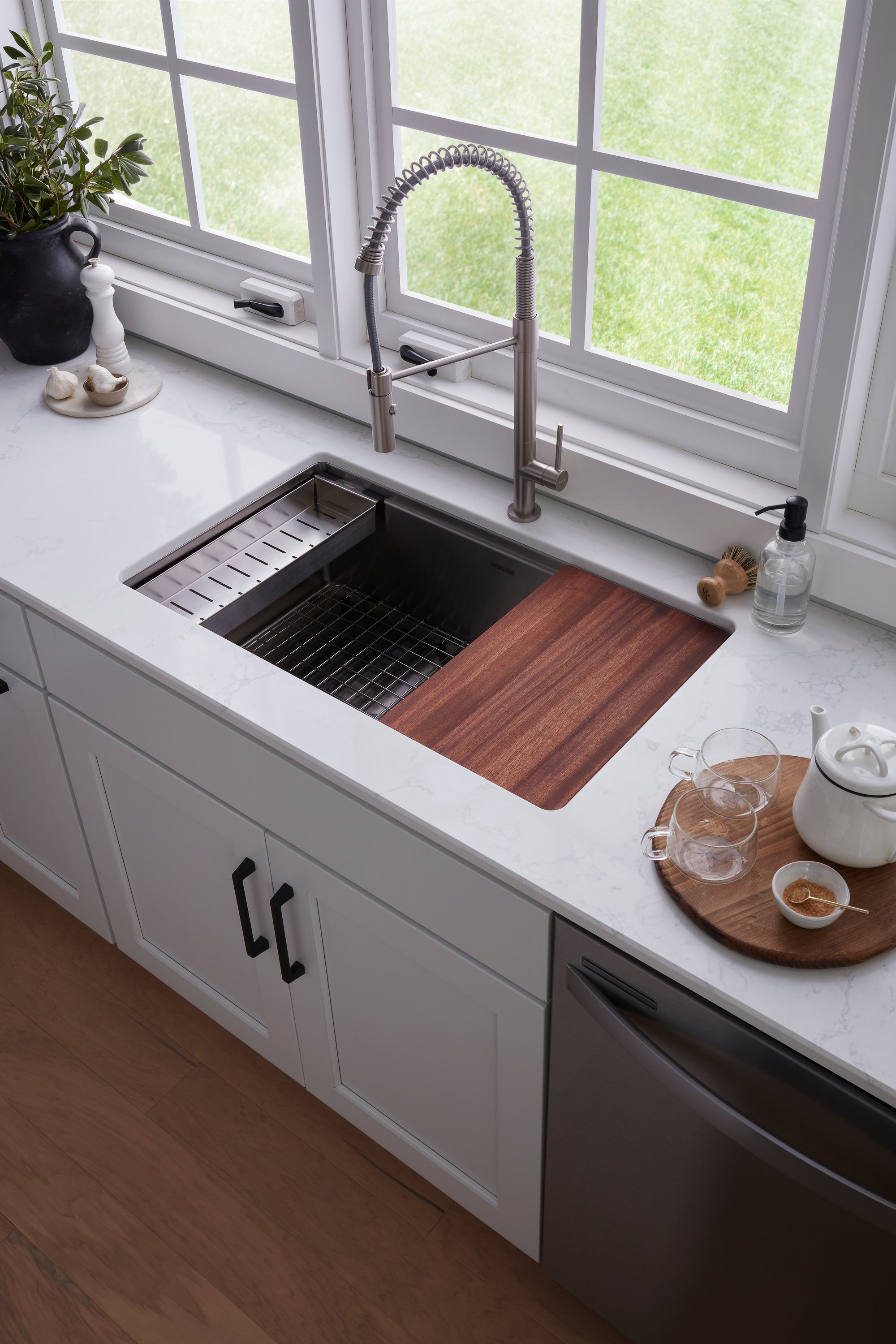 Karran 32" Undermount Stainless Steel Workstation Kitchen Sink with Faucet and Accessories, 16 Gauge, WS-37-PK2