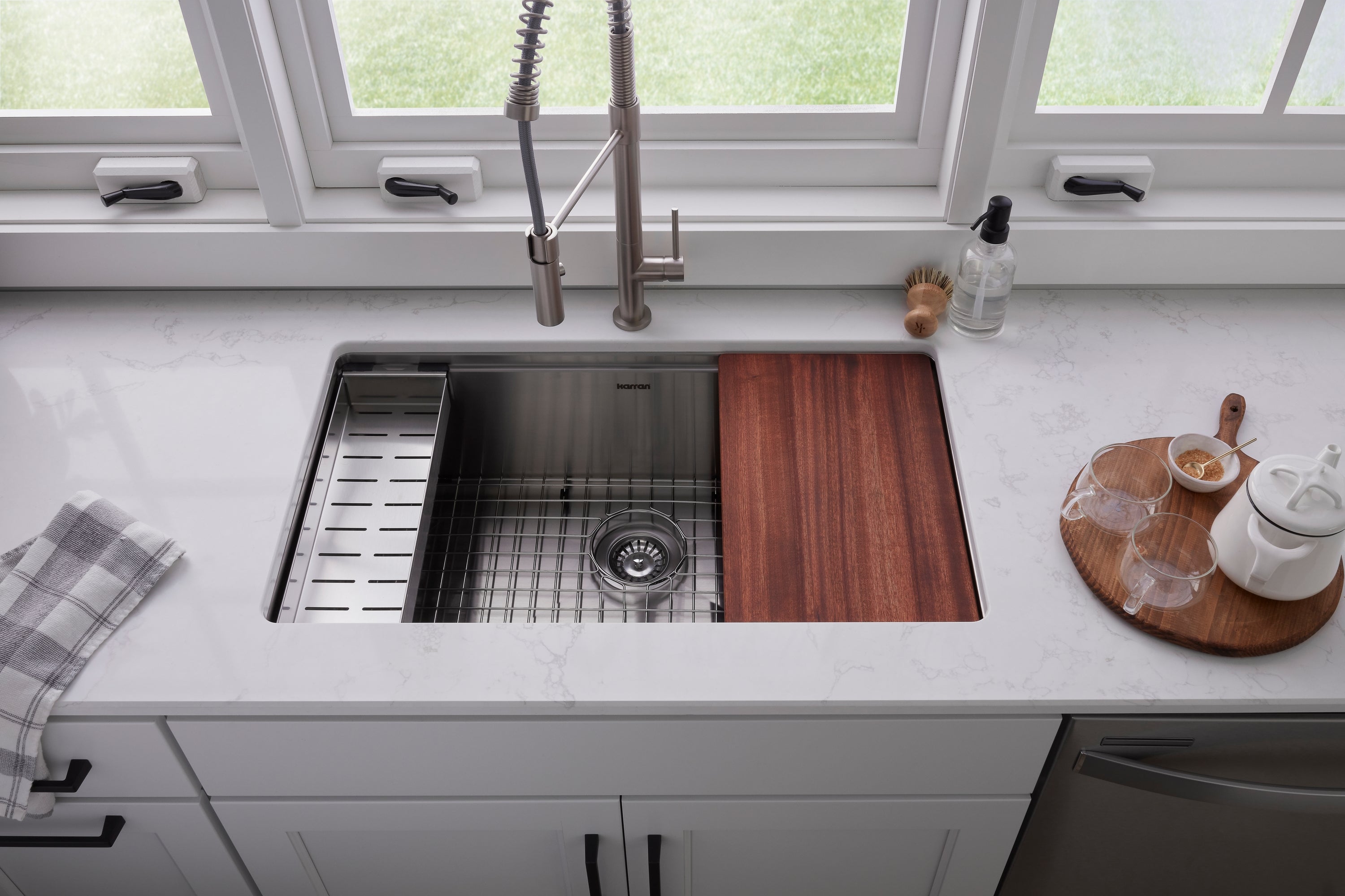 Karran 32" Undermount Stainless Steel Workstation Kitchen Sink with Faucet and Accessories, 16 Gauge, WS-37-PK2
