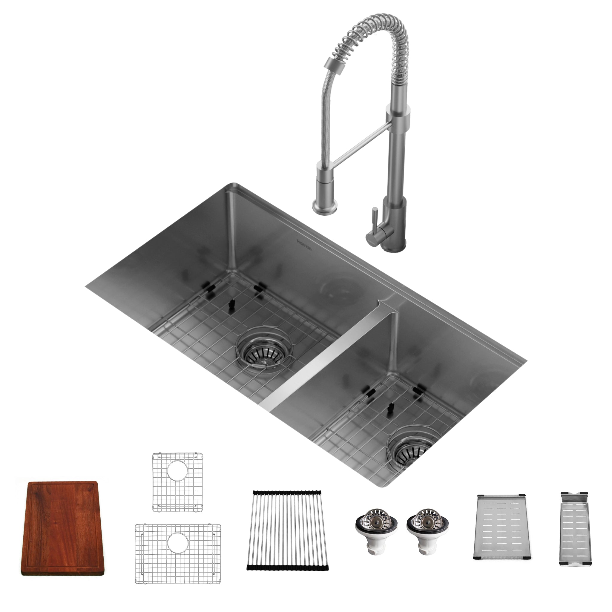 Karran 32" Undermount Stainless Steel Workstation Kitchen Sink with Faucet and Accessories, 60/40 Double Bowl, 16 Gauge, WS-40-PK2