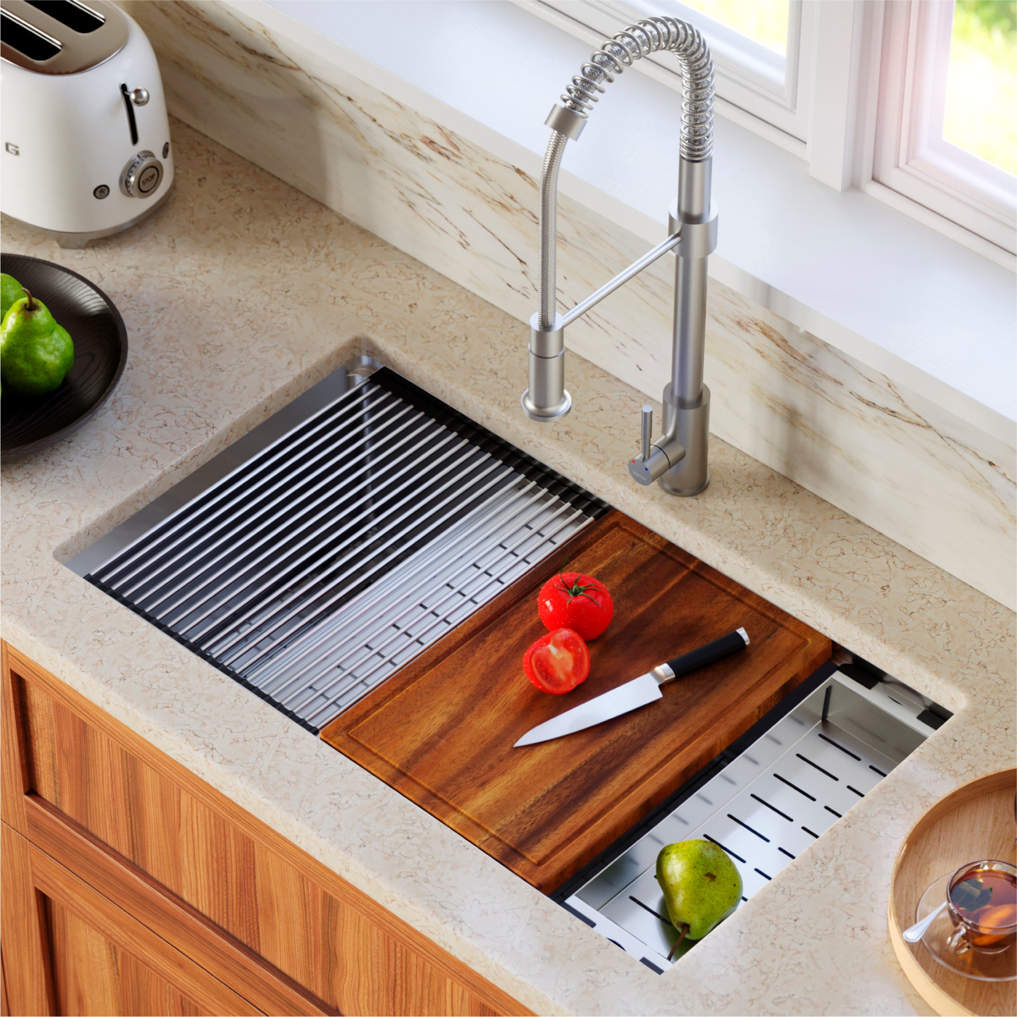 Karran 32" Undermount Stainless Steel Workstation Kitchen Sink with Faucet and Accessories, 60/40 Double Bowl, 16 Gauge, WS-40-PK2